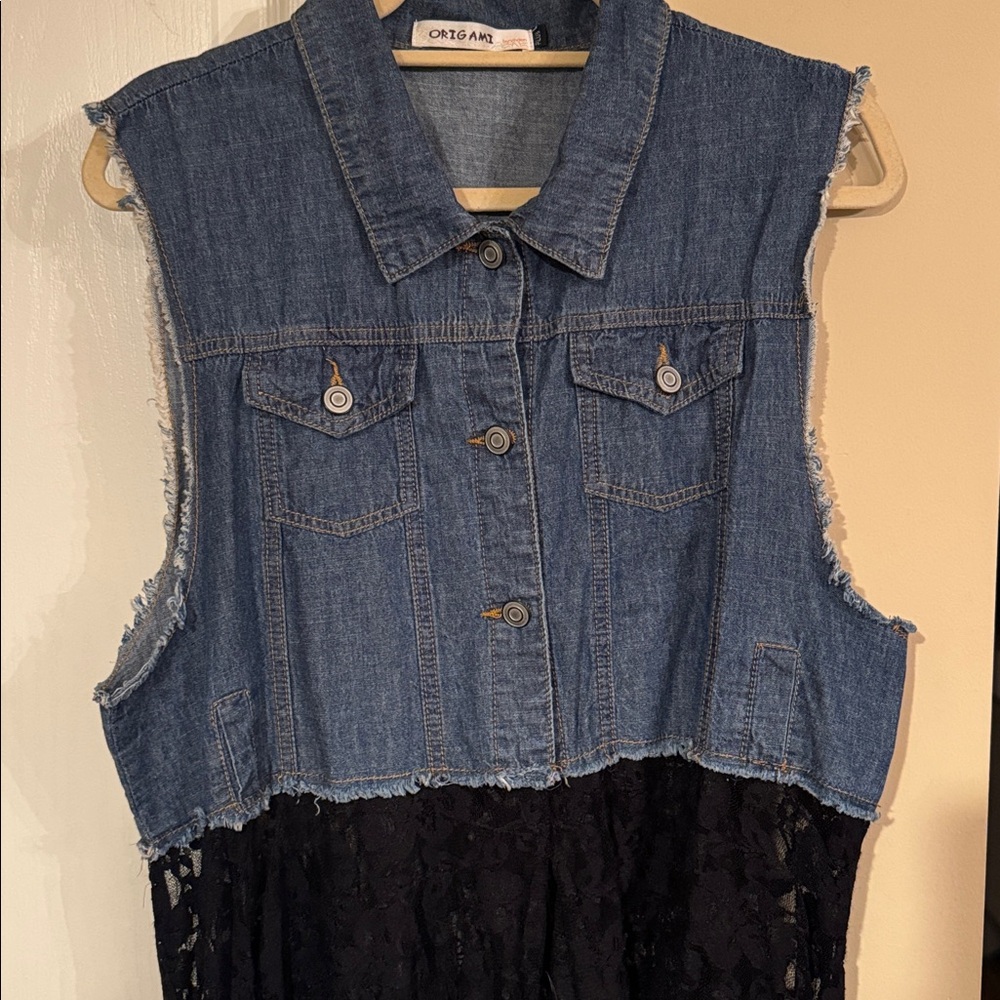 ORIGAMI Denim Vest Black Lace Bottom Boho Western Layering Piece Plus Size - Picture 4 of 13